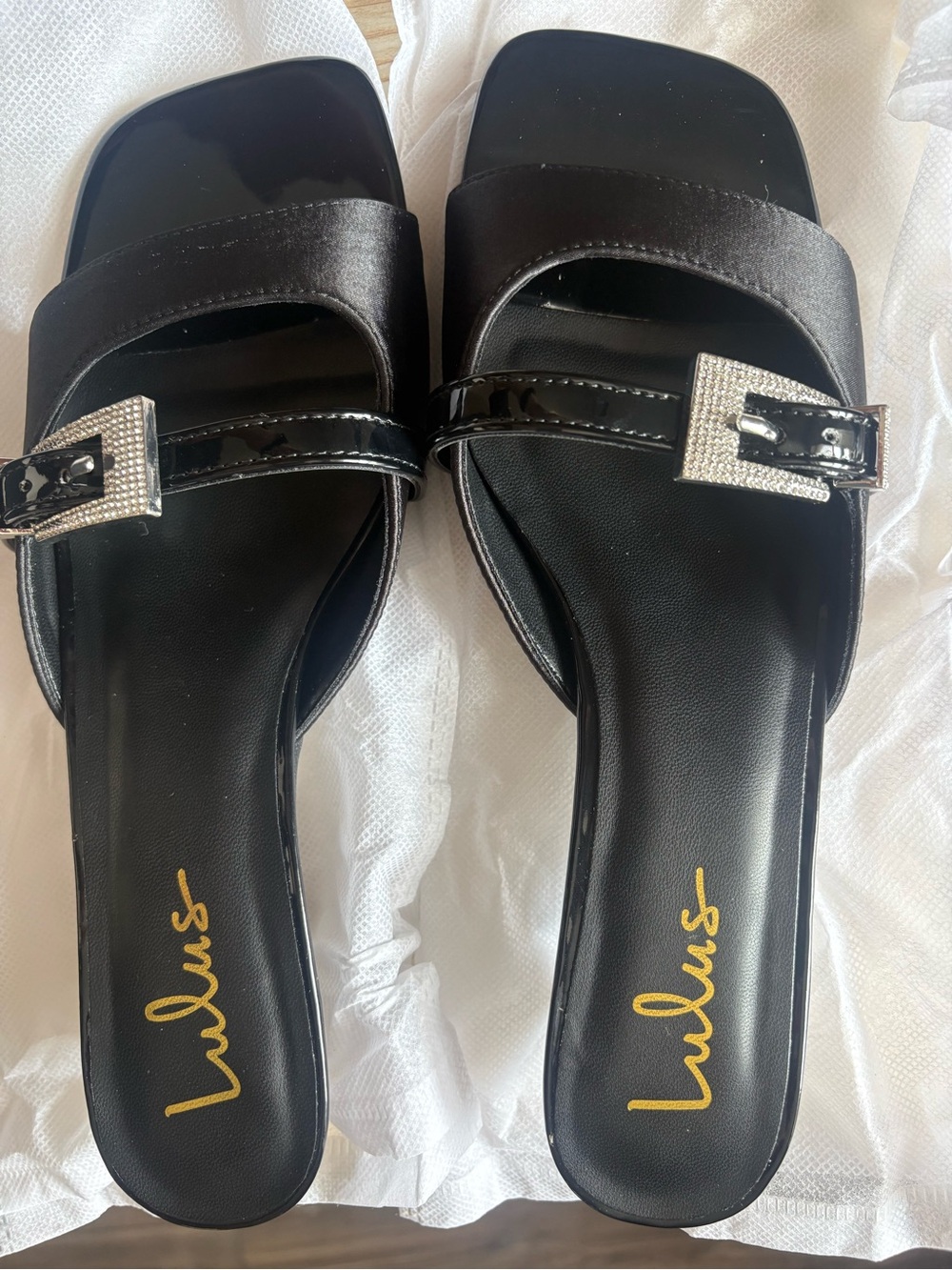 Lulu's Black Satin Kitten Heel Sandals with Rhinestone Buckle